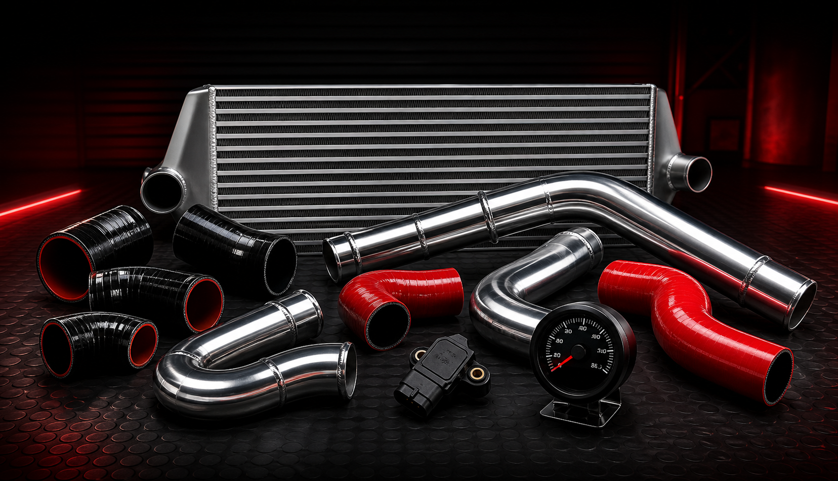 Performance parts mix with intercooler, boost pipes, silicone hoses, MAP sensor and boost gauge